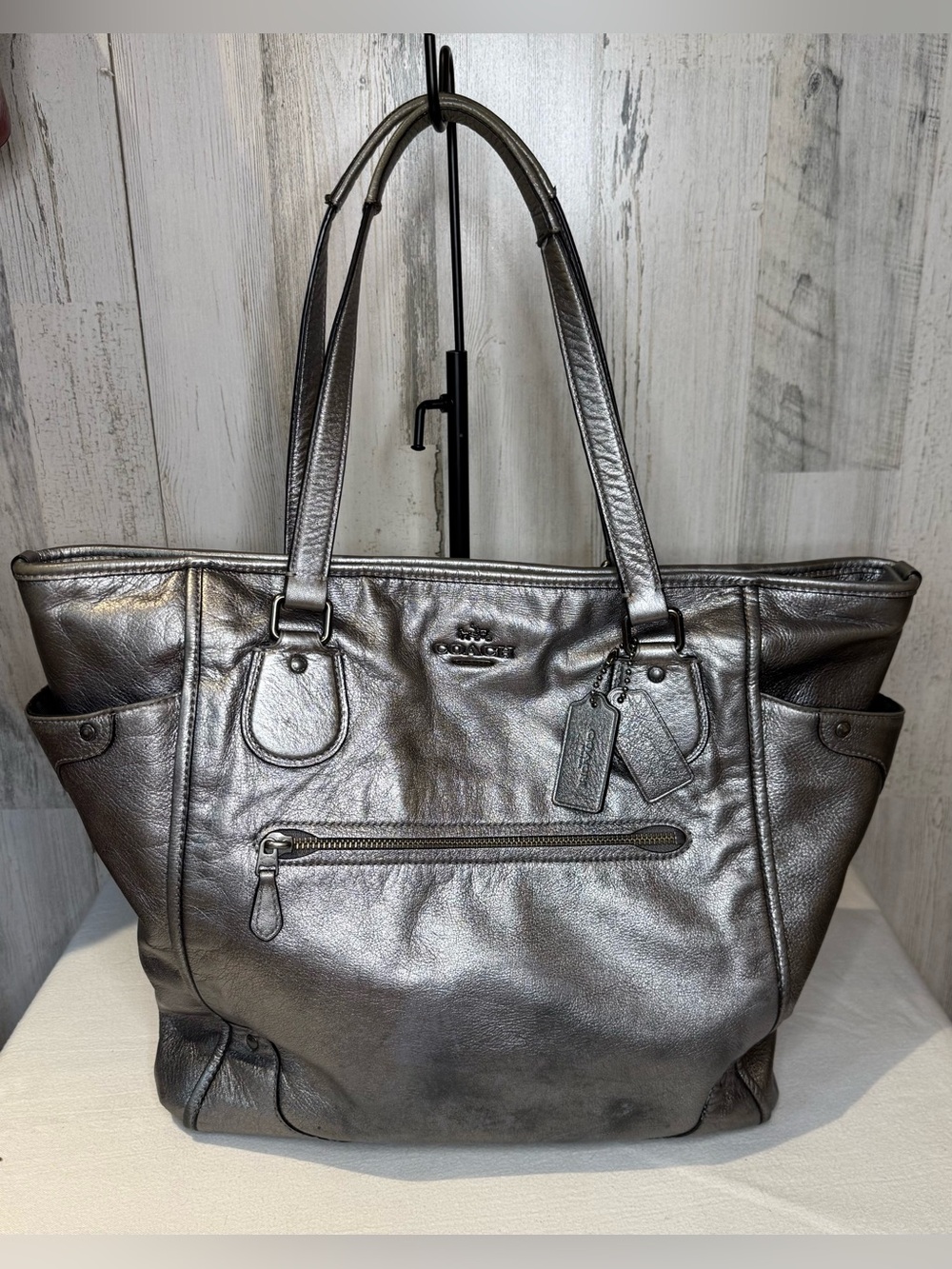 Coach Mickie Metallic Leather Tote Bag 2015 34039 - Gunmetal Hardware